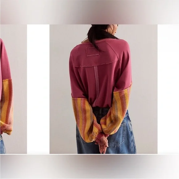 NWT Free People We The Free Stripe Cuff Pullover - Sunrise Combo - Small - Picture 2 of 6